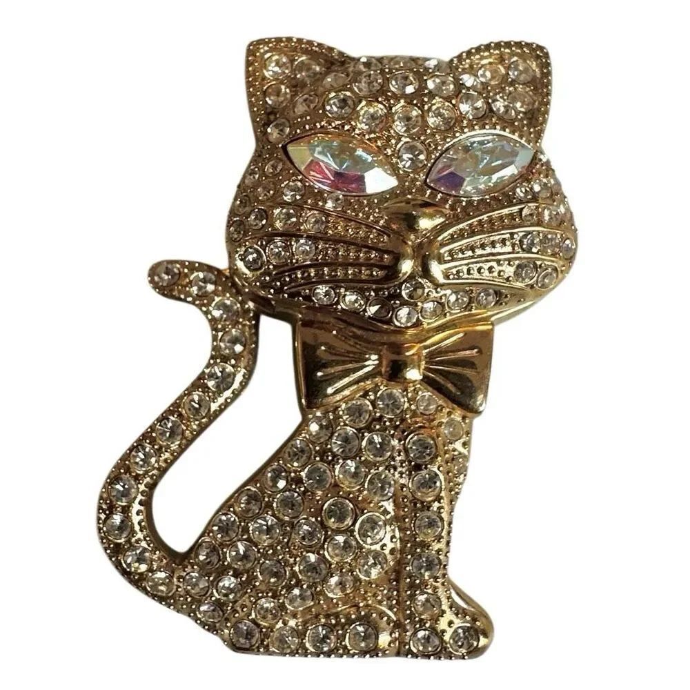 Waltham Gold-Tone Rhinestone Cat Flip-Top Watch Brooch